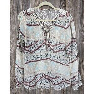 Maurices Med Cold Shoulder Top Blouse Floral Print Lace Sheer Flowy Lightweight‎